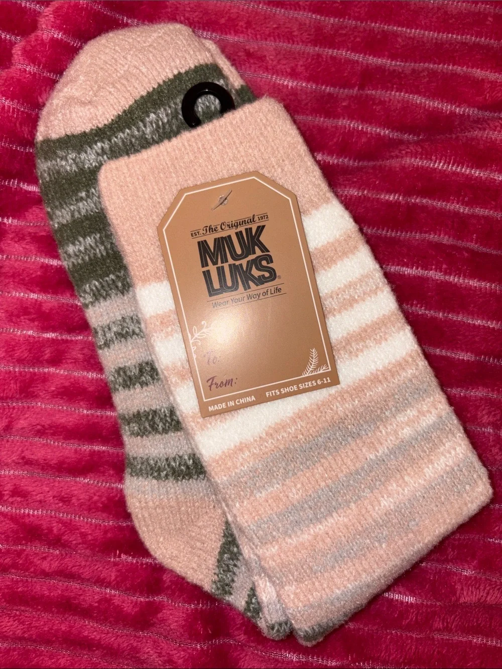 Muk Luks Pink & Olive Striped Cozy Crew Socks Size 6-11